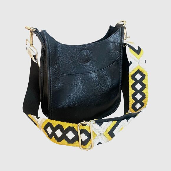AhDorned Handbags - AhDorned Black Vegan Messenger Crossbody Yellow Geometric Guitar Style Strap